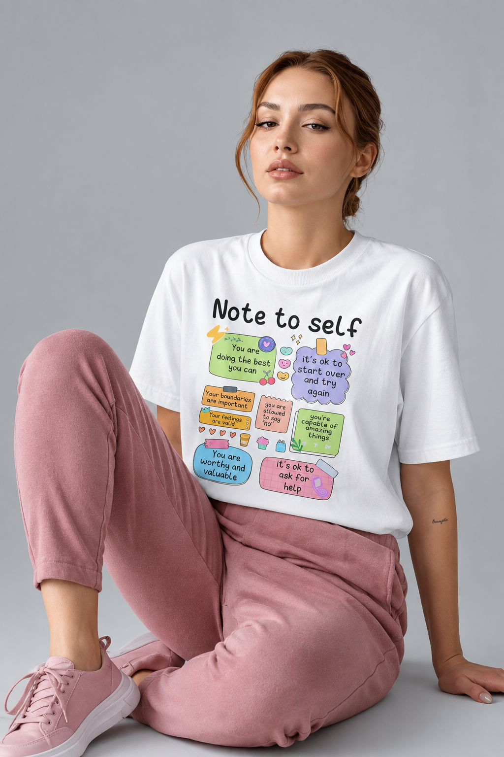 Woman wearing a white t-shirt with colorful text design sitting on a white surface.